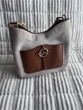 Michael Kors Cream Canvas Shoulder Bag with Tan Leather Pocket